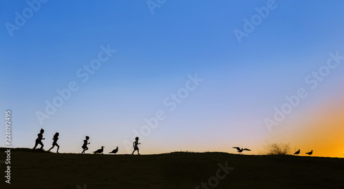 Silhouettes of four running kids and seagulls on the horizon on sunset. Sky is blue  sun sets in the right corner. Lots of empty space  copy space  for design  meme  background  wallpaper  poster  ad.