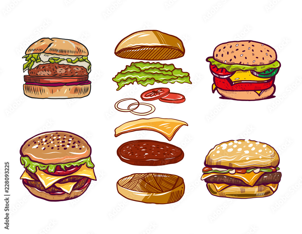 Burger. Hand drawn vector illustration. For menu cafe, restaurant. Design teamplate banner, poster. Burger. Hand drawn vector illustration. For menu cafe, restaurant. Design teamplate banner, poster.