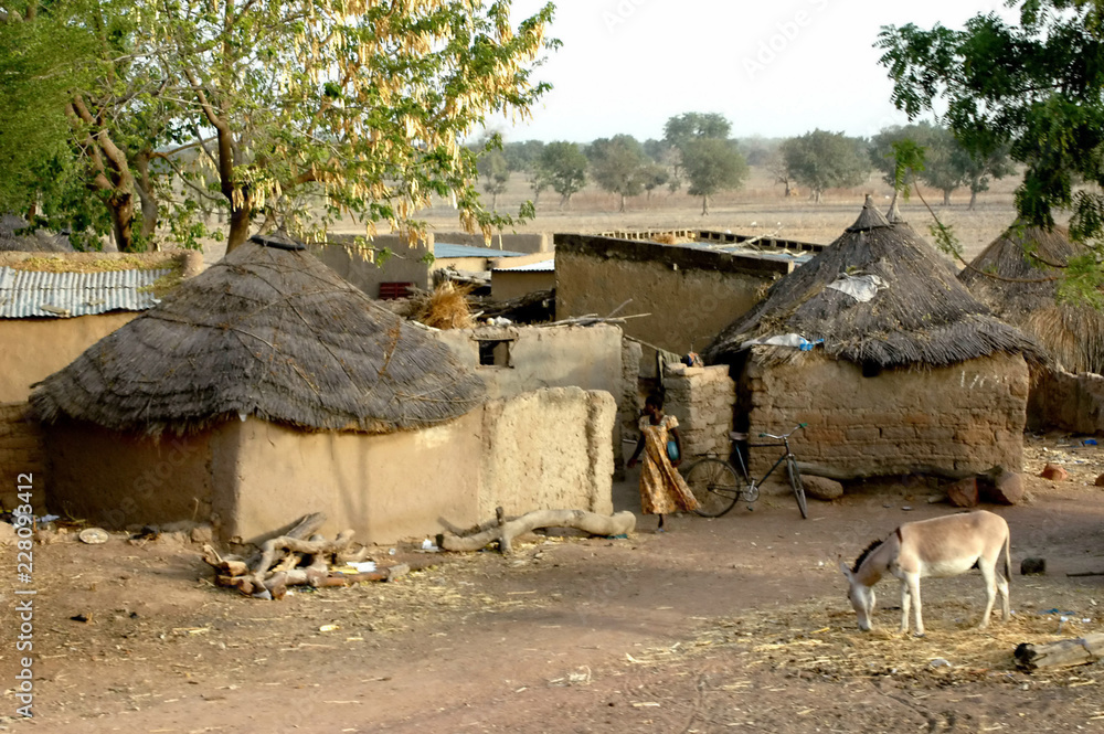 Village traditionnel, maison en terre et toit de paille ou d'herbes,  Burkina Faso, Afrique Stock Photo | Adobe Stock
