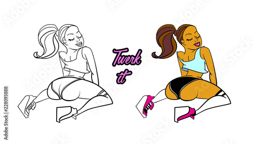 Twerk dance cartoon style girl for print design. Vector illustration.