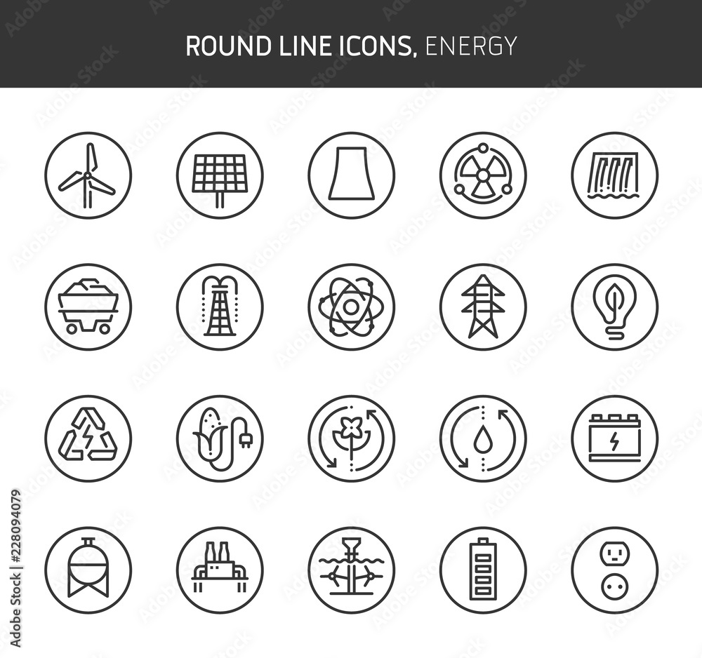Fototapeta premium Energy theme, round line icons