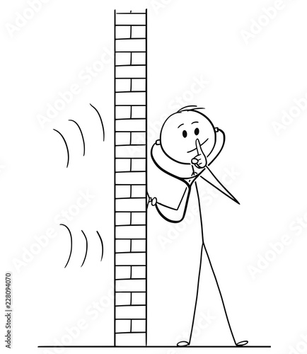 Cartoon stick drawing conceptual illustration of man using stethoscope or phonendoscope to hear and spy what happens behind wall and showing silence gesture with finger on his lips.