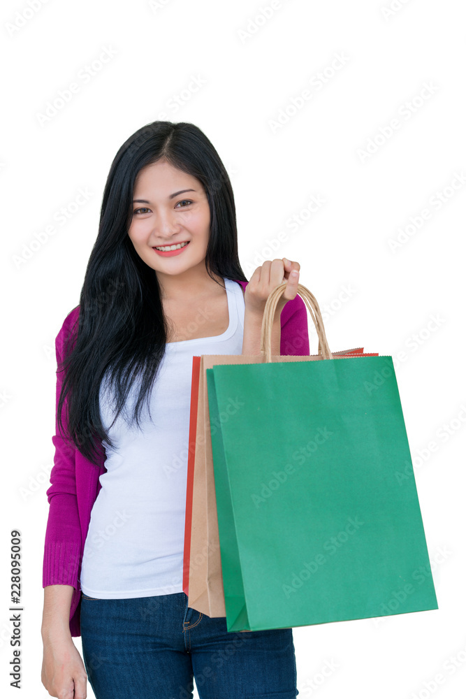 Shopping woman holding bags isolated on white background, consumerism, sale and people concept Shopping woman holding bags isolated on white background, consumerism, sale and people concept