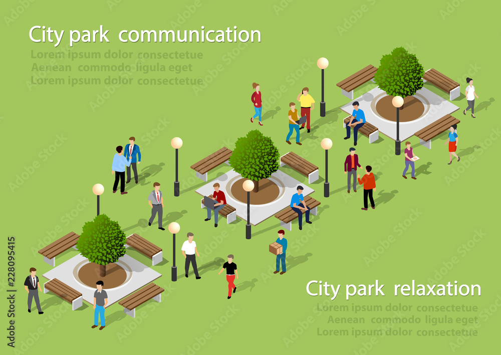 Isometric people lifestyle communication in an urban environment in a park with benches and trees