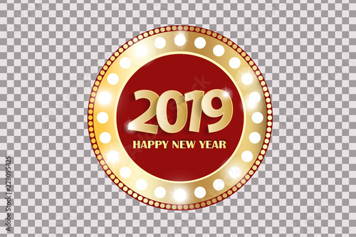 Happy New Year 2019 greeting card concept with golden cuted white numbers isolated on transparent background. Vector illustration