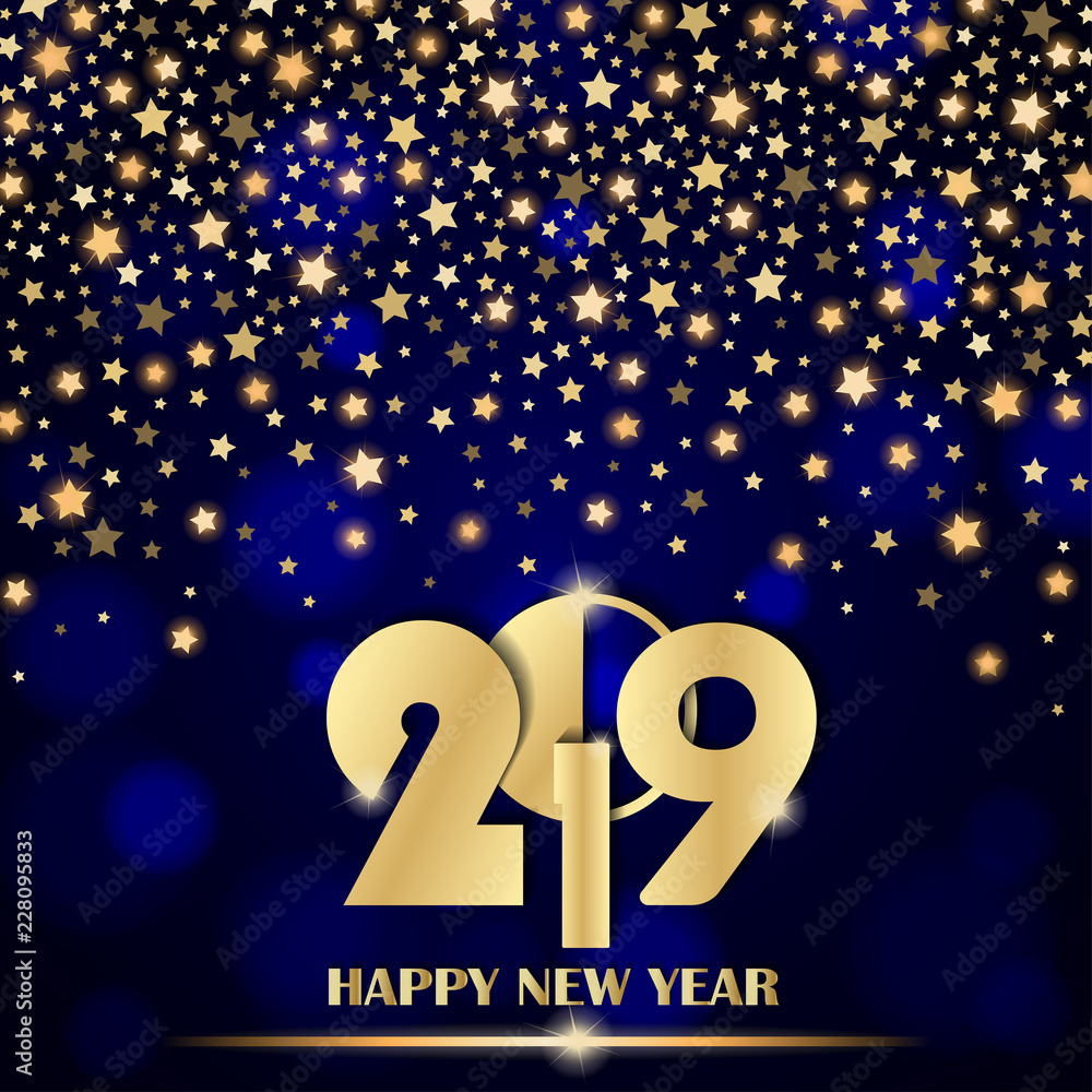 Abstract shining falling stars on blue ambient blurred background. New Year 2019 concept. Luxury design. Vector illustration