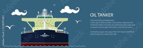 Front View of the Vessel Oil Tanker and Text, International Freight Transportation banner, Ship for the Transportation of Goods, Vector Illustration