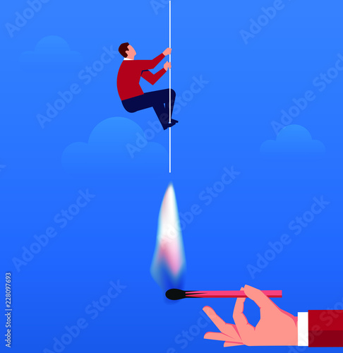 Businessman climbing up the rope is lit