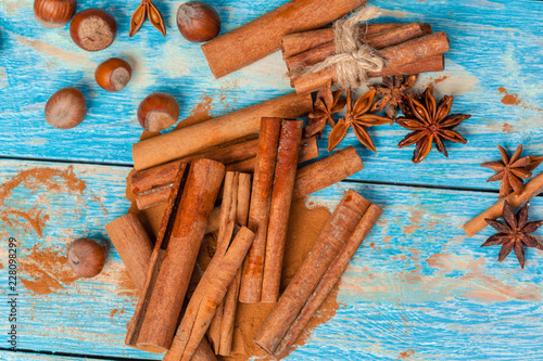 Cinnamon on wooden board.