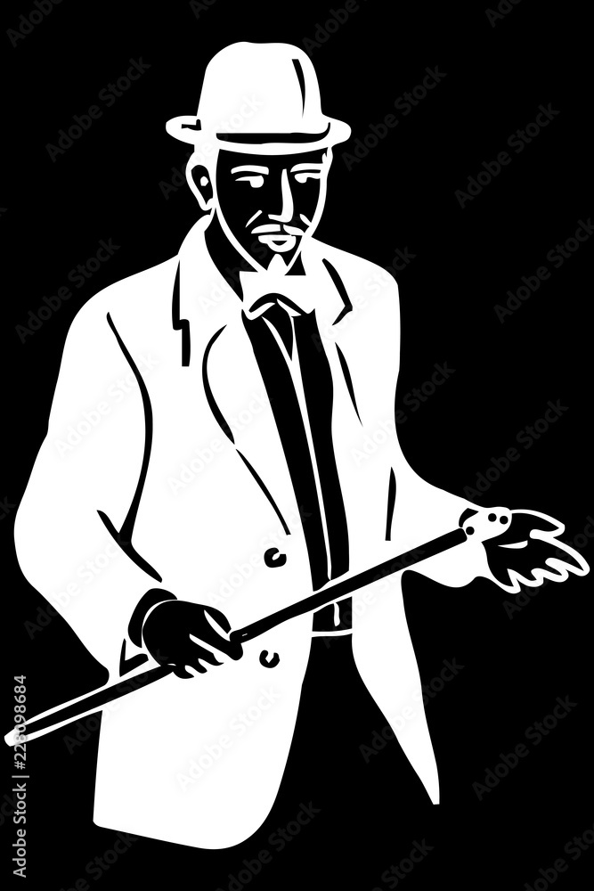 sketch of a young man in a bowler hat and cane