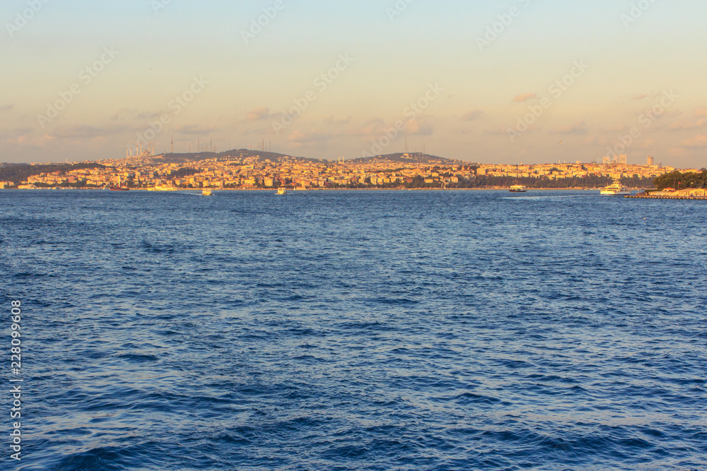 Beautiful view on the coastline of sea in Bosphorus Strait, Istanbul, Turkey.