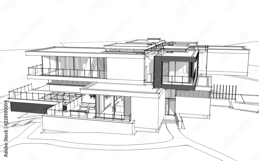 3d rendering sketch of modern cozy house by the river with garage for sale or rent. Black line sketch with soft light shadows on white background 3d rendering sketch of modern cozy house by the river with garage for sale or rent. Black line sketch with soft light shadows on white background