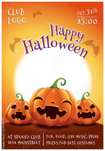 Happy Halloween editable poster with smiling, scared and angry pumpkins on orange background with full moon. Happy Halloween party.