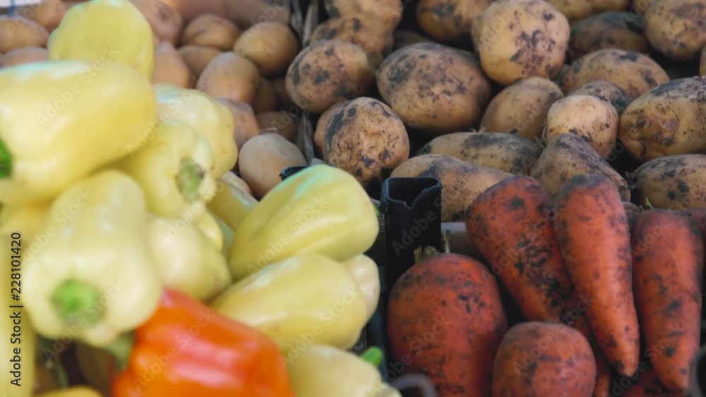 Fruit and vegetable market Fresh vegetables on the Counter in the Store. Spontaneous market in the street in the city Fruit and vegetable market Fresh vegetables on the Counter in the Store. Spontaneous market in the street in the city