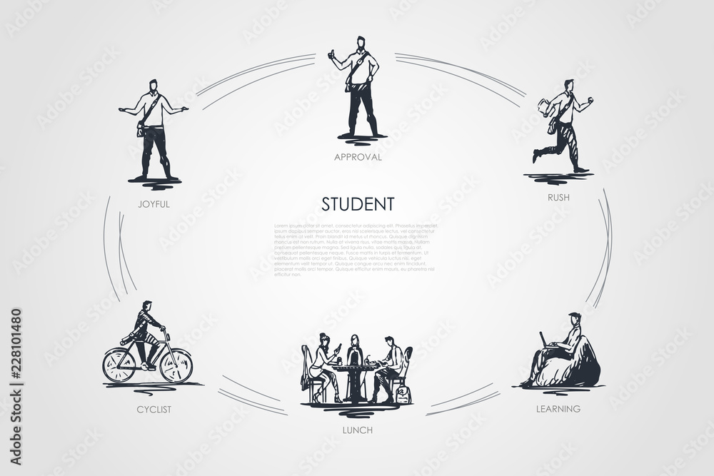 Student - joyful, cyclist, approval, rush, learning, lunch vector concept set Student - joyful, cyclist, approval, rush, learning, lunch vector concept set