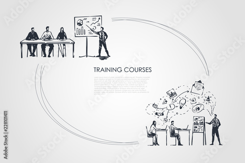 Training courses - students listening to presentation and sitting in classrom vector concept set