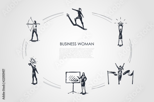 Business woman - women with star in hands, archery, with trophy, crossing finish, climbing on arrow up vector concept set