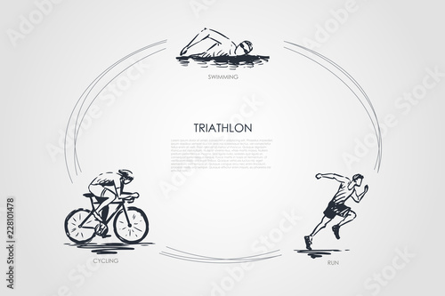 Triathlon - swimming, cycling, run vector concept set