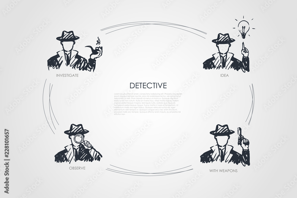 Detective - investigate, observe, idea, with weapons vector concept set