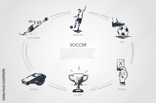 Soccer - forward, fine, goalkeeper, whistle, victory, penalty vector concept set