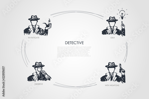 Detective - investigate, observe, idea, with weapons vector concept set