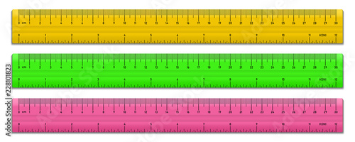 Plastic tape rulers set isolated on white. Double sided measurement in cm and inches. Vector illustration.