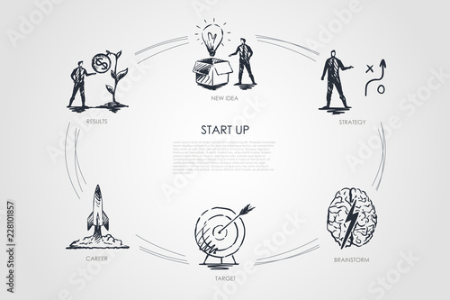 Start Up - new idea, strategy, results, career, target, brainstorm vector concept set