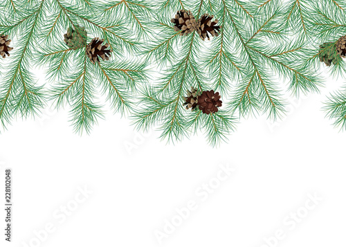 Seamless horizontal pattern with pine branches and pinecones. Decor element for invitations, print, poster, card, banner. Isolated on white background.