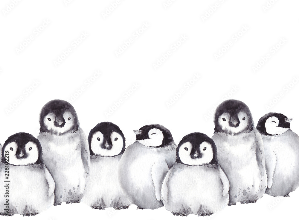 Fototapeta premium Winter border with cute baby penguins. Watercolor illustration on white background.