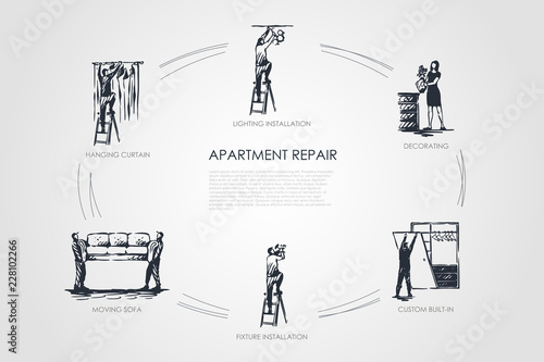 Apartment repair - hanging curtain, moving sofa, fixture installation, custom built-in, decorating, lighting installation vector concept set