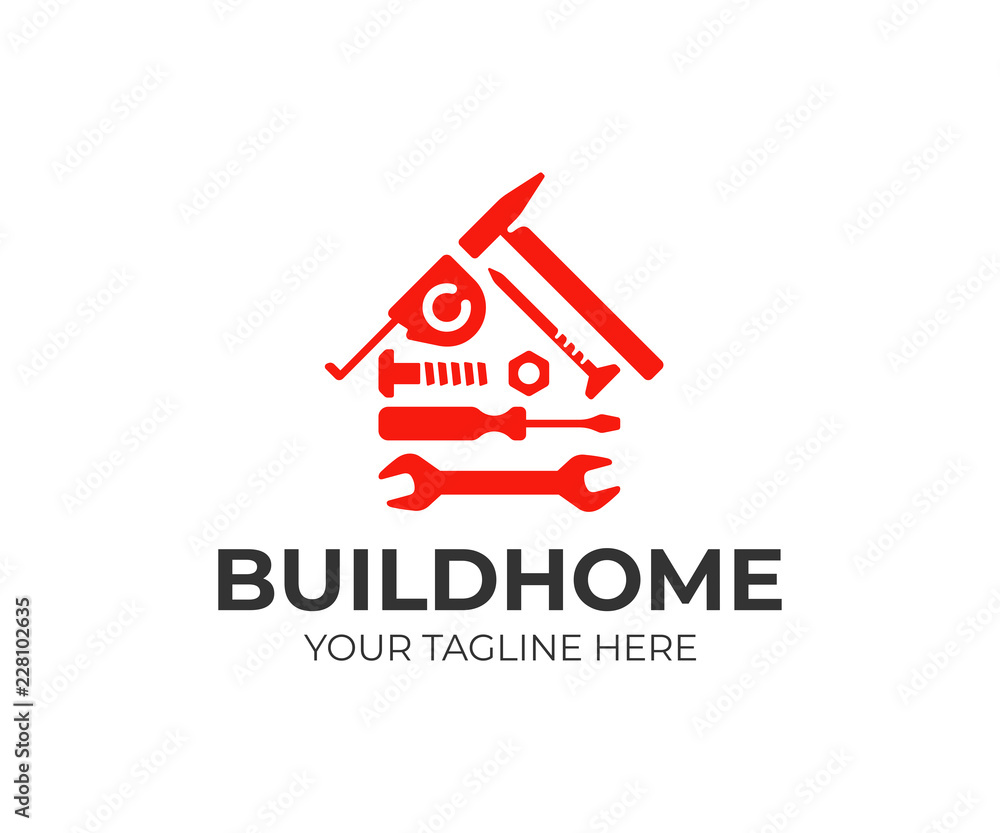 Home repair logo design. House building tools vector design. House construction logotype - obrazy, fototapety, plakaty 
