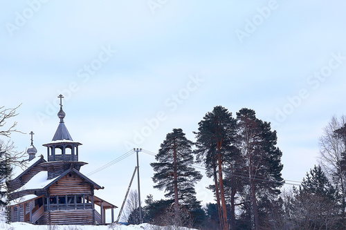 landscape in russian kizhi church winter view / winter season snowfall in landscape with church architecture photo