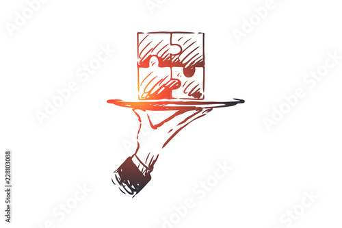 Results, puzzle, connection, solution, teamwork concept. Hand drawn isolated vector.