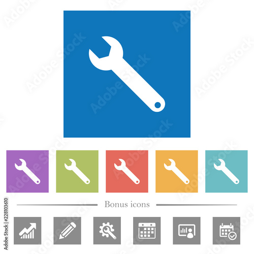 Single wrench flat white icons in square backgrounds