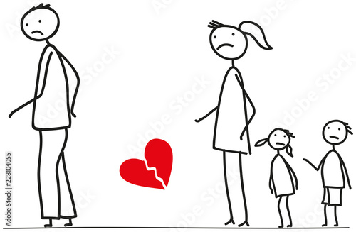 Familie in Trennung, Scheidung der Eltern, Vater verlässt die Familie, Sorgerecht und Umgang für die minderjährigen Kinder, Unterhalt, Gütertrennung, Ehevertrag, Strichfigur, Vektor