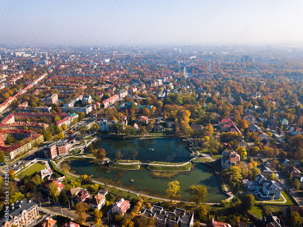 Obraz premium Aerial: The pond Float in Kaliningrad in autumn