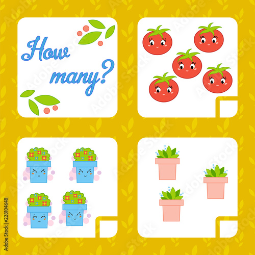 Counting game for preschool children for the development of mathematical abilities. Count the number of objects in the picture. With a place for answers. Simple flat isolated vector illustration.