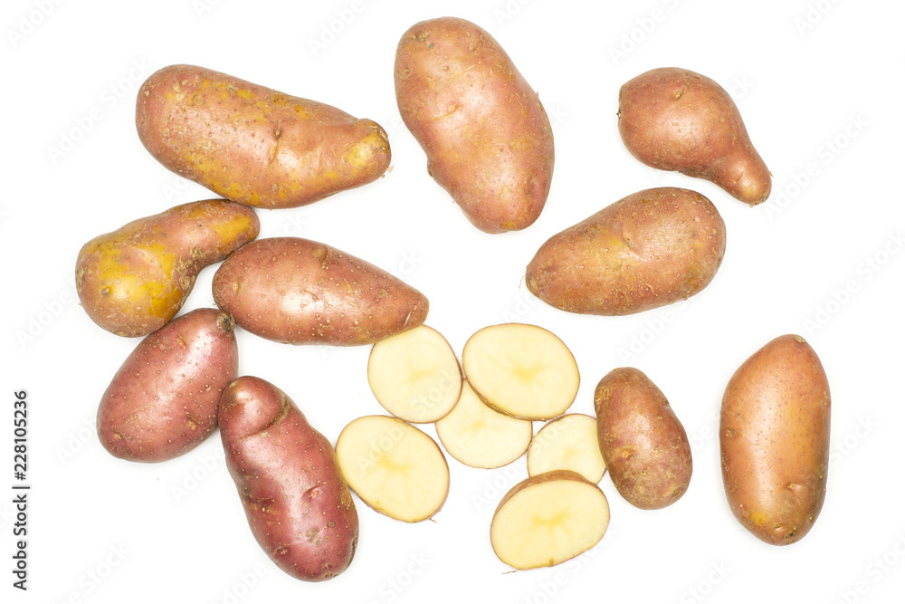 Group of lot of whole five slices of fresh red potato francelina variety flatlay isolated on white background Group of lot of whole five slices of fresh red potato francelina variety flatlay isolated on white background