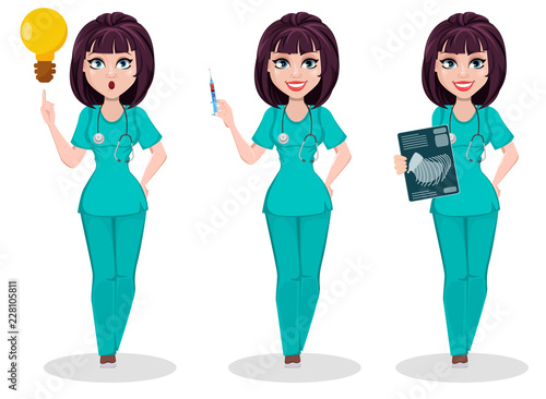 Veterinarian woman, set of three poses. Cute cartoon character, professional female vet doctor has a good idea, holds syringe and holds x-ray shot. Vector illustration on white background