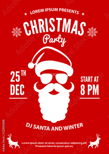 Christmas party invitation, flyer or poster design with Santa Claus hat, beard and glasses.. Vector illustration.