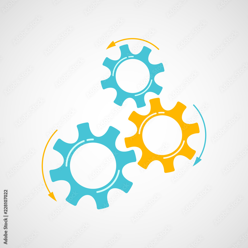 Mechanical cogs vector illustration. Development concept mechanism construction with cog and gear in orange and blue colors signify innovation teamwork. Cogwheel graphic for technical symbol Mechanical cogs vector illustration. Development concept mechanism construction with cog and gear in orange and blue colors signify innovation teamwork. Cogwheel graphic for technical symbol
