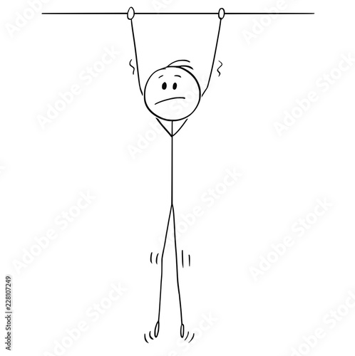 Cartoon stick drawing conceptual illustration of unhappy man hanging high.