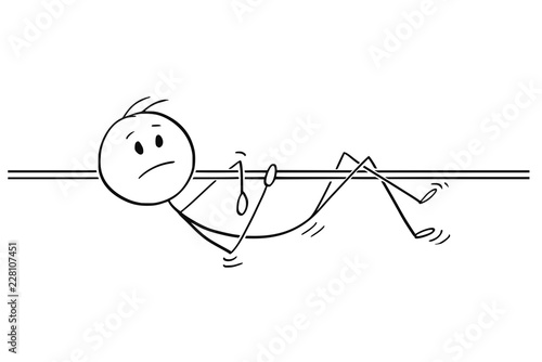 Cartoon stick drawing conceptual illustration of unhappy man hanging high on the bar.