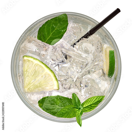 Caipirinha top view, Mojito cocktail from top, vodka or soda drink with lime, mint and straw from above isolated on white background including clipping path.