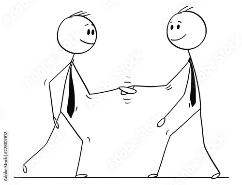 Cartoon stick drawing conceptual illustration of two men or businessmen shaking hands or doing handshake. Business concept of cooperation or agreement.