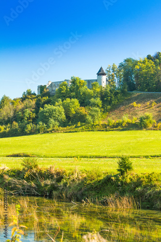     Croatian rivers, valley of Dobra and old fortress in Novigrad, green countryside landscape Karlovac county 