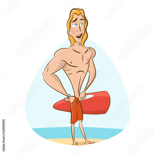 Strong mle baywatch keeps watch on beach.  Vector Illustration 