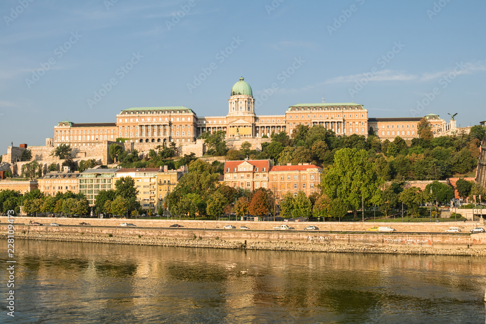 Budapest cityscape with Buda castle and Danube river