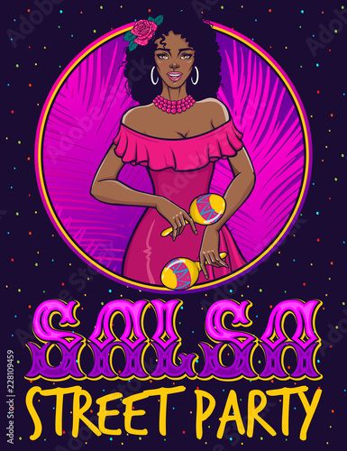Beautiful girl playing maracas. Salsa party invitation poster, leaflet, flyer, print. Vector illustration in retro pin-up, pop art, comic style.