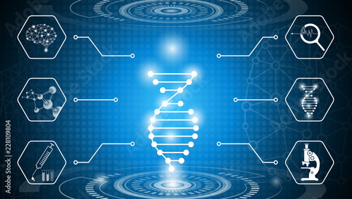 abstract background technology concept in blue light,brain and human body heal ,technology modern medical science in future and global international medical with tests analysis clone DNA human